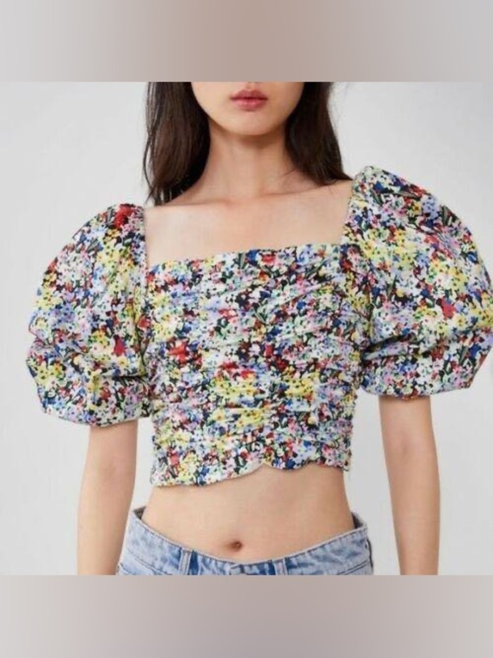 Zara Multicolor Floral Square-Neck Puff Sleeve Crop Top S
